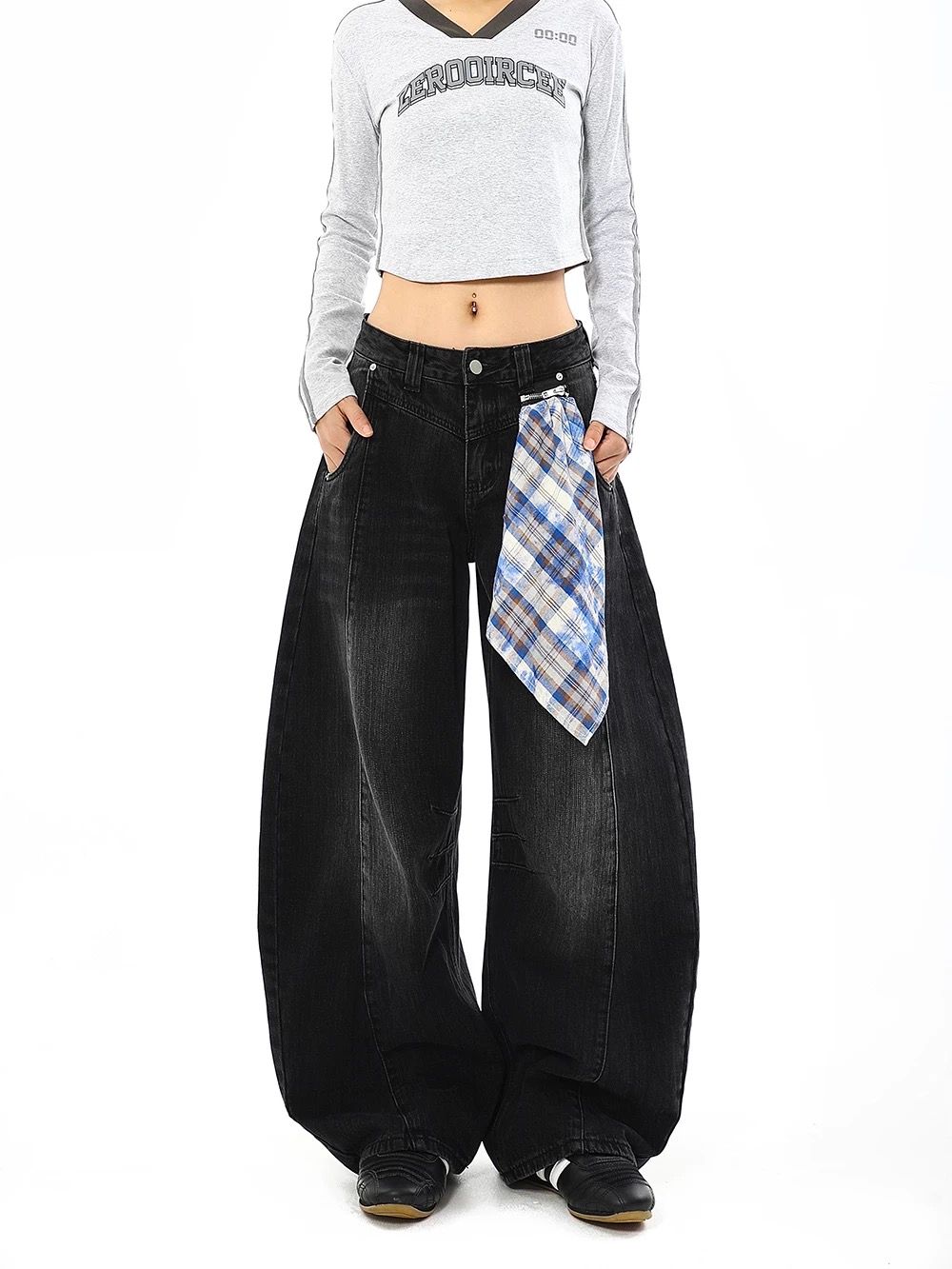 モード系 【ブラック】ワイドバルーンデニム × 取り外しチェックスカート付き（ユニセックス）