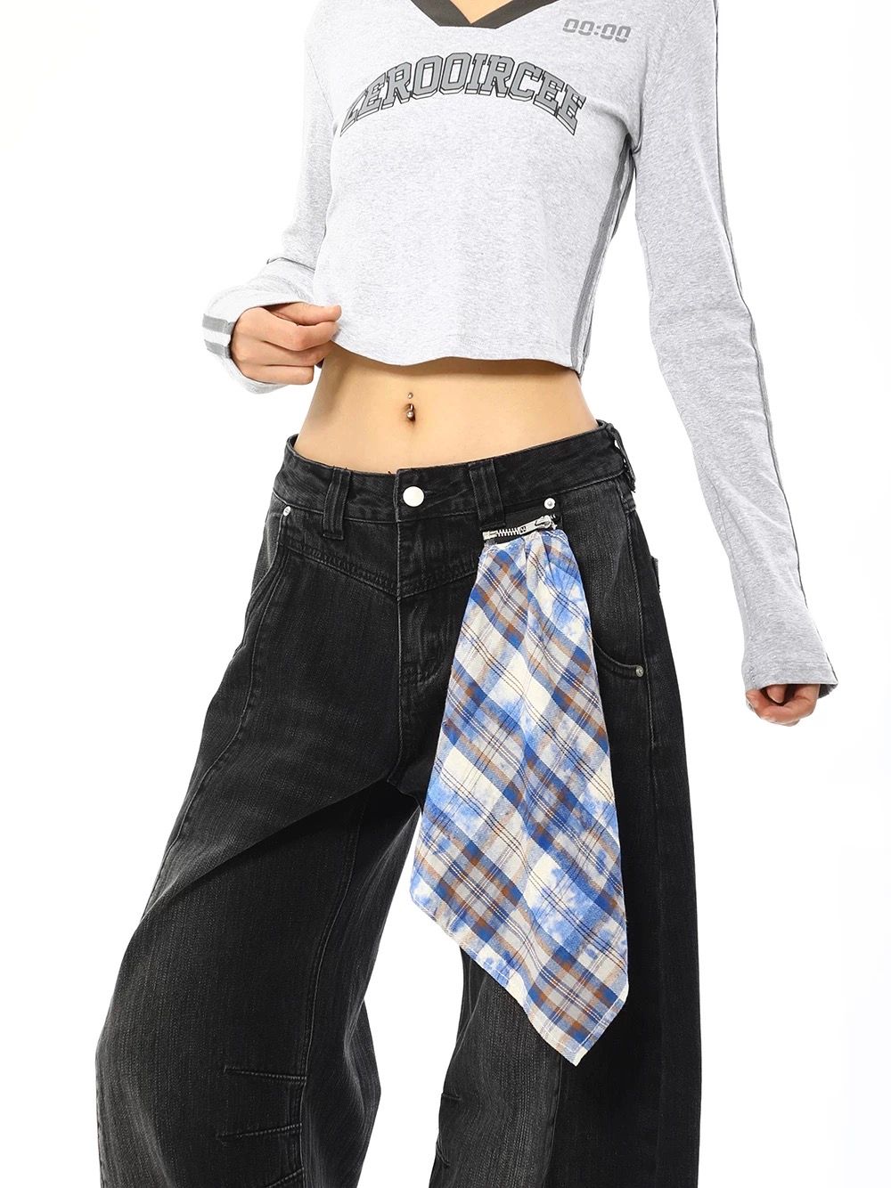 モード系 【ブラック】ワイドバルーンデニム × 取り外しチェックスカート付き（ユニセックス）