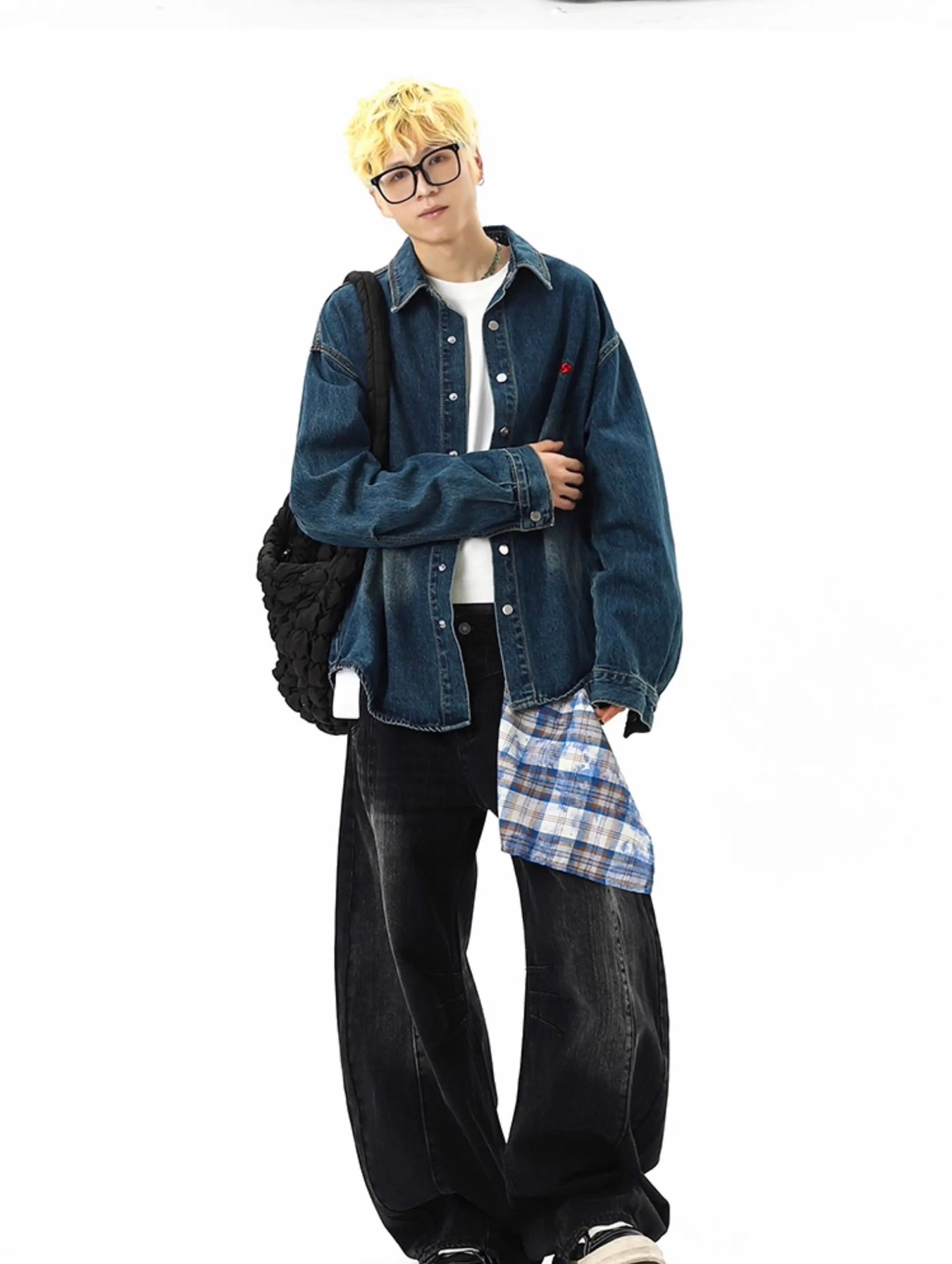 モード系 【ブラック】ワイドバルーンデニム × 取り外しチェックスカート付き（ユニセックス）