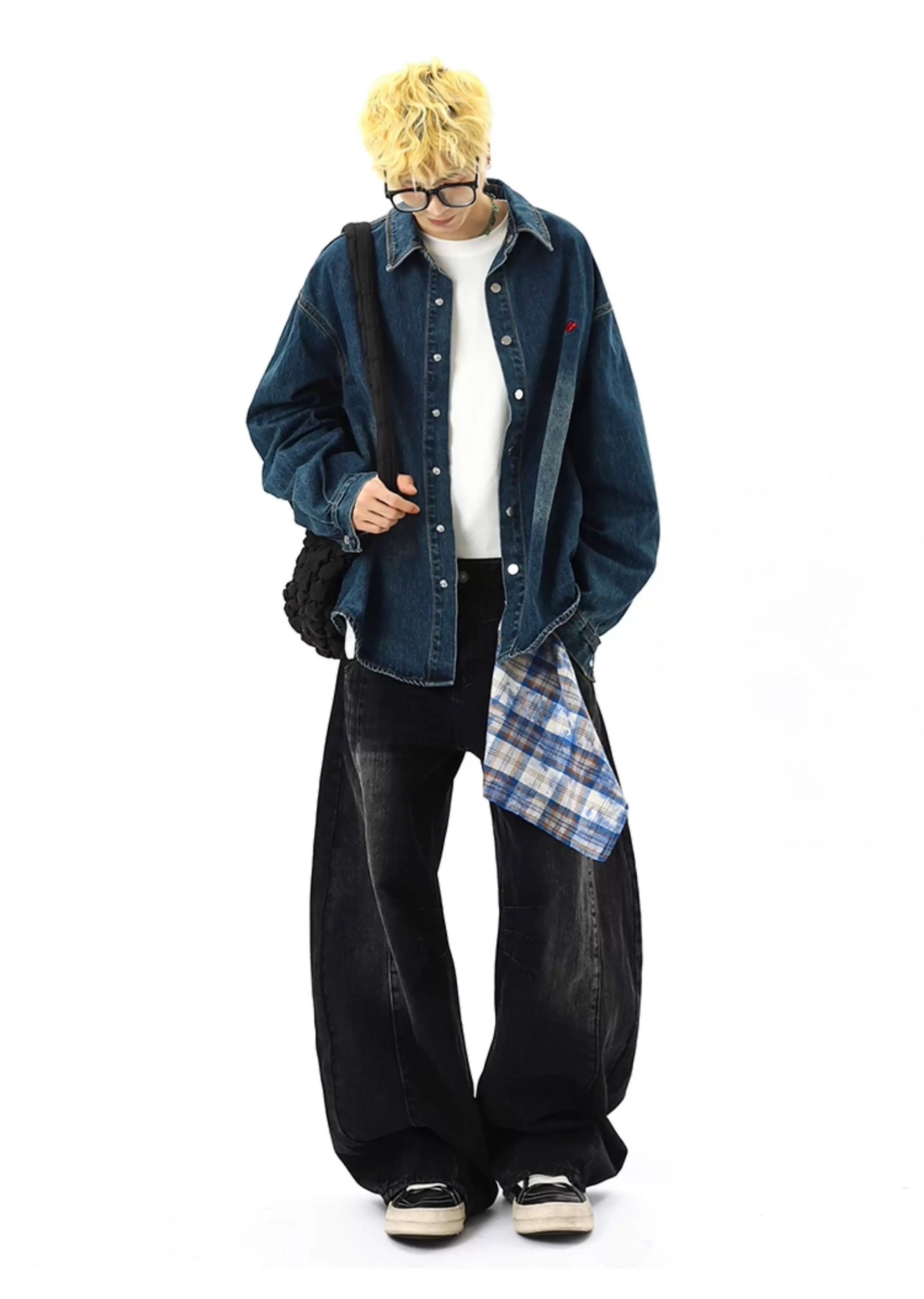 モード系 【ブラック】ワイドバルーンデニム × 取り外しチェックスカート付き（ユニセックス）