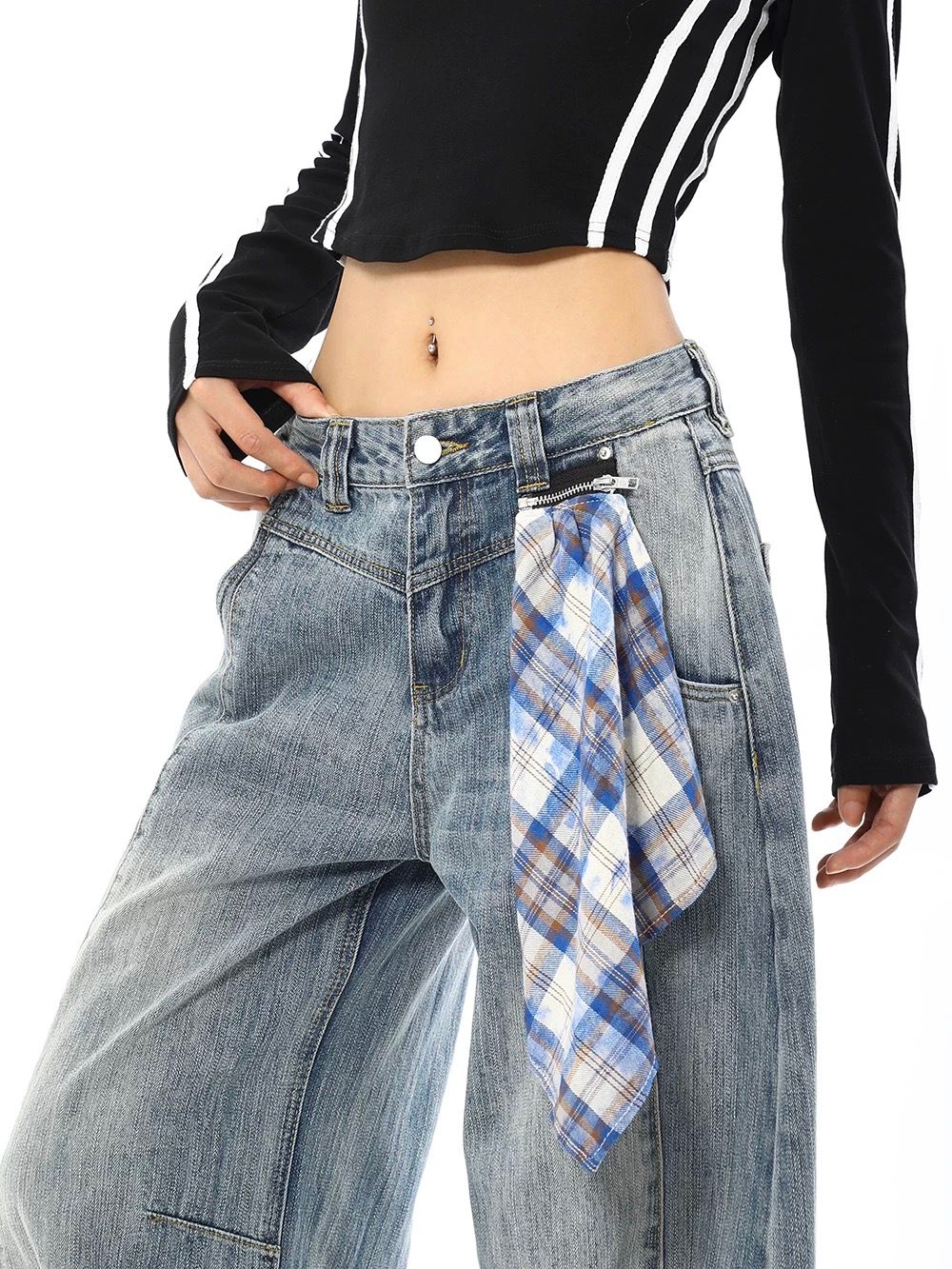 【ライトブルー】ワイドバルーンデニム × 取り外しチェックスカート付き（ユニセックス）