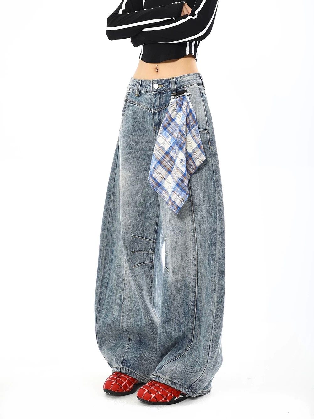 【ライトブルー】ワイドバルーンデニム × 取り外しチェックスカート付き（ユニセックス）