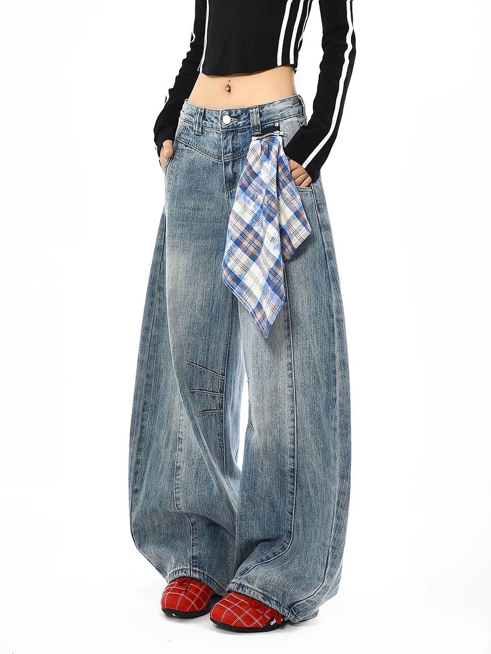 【ライトブルー】ワイドバルーンデニム × 取り外しチェックスカート付き（ユニセックス）