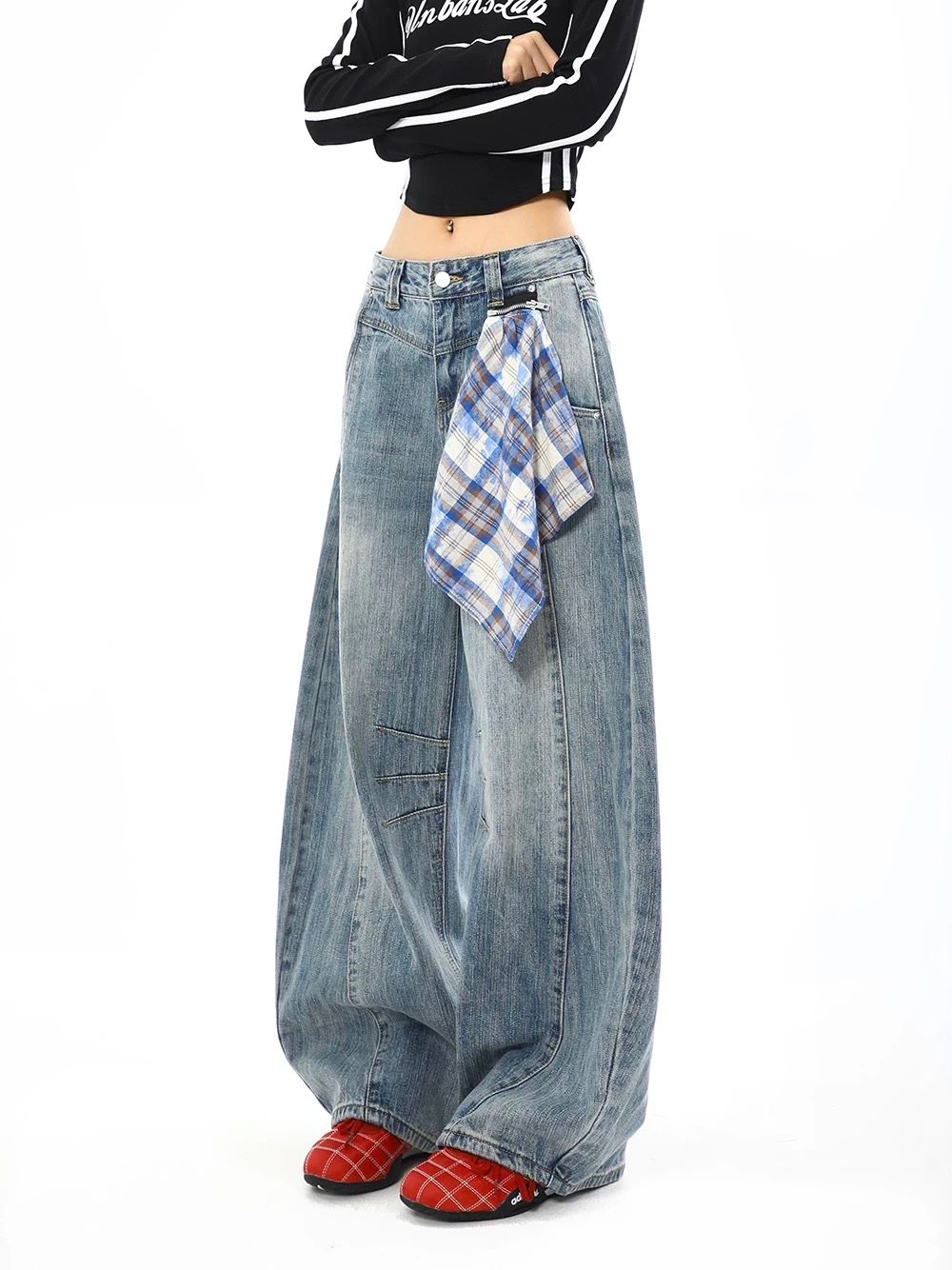 【ライトブルー】ワイドバルーンデニム × 取り外しチェックスカート付き（ユニセックス）