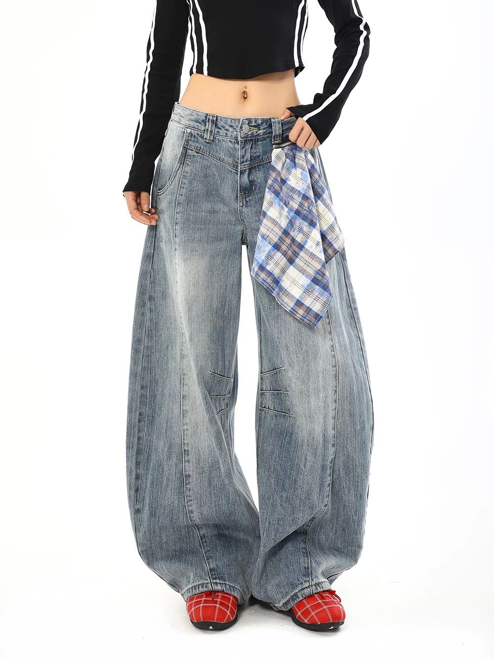 【ライトブルー】ワイドバルーンデニム × 取り外しチェックスカート付き（ユニセックス）