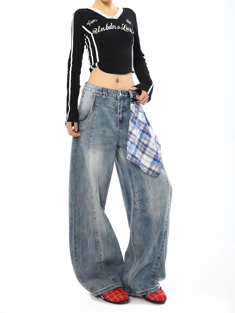 【ライトブルー】ワイドバルーンデニム × 取り外しチェックスカート付き（ユニセックス）