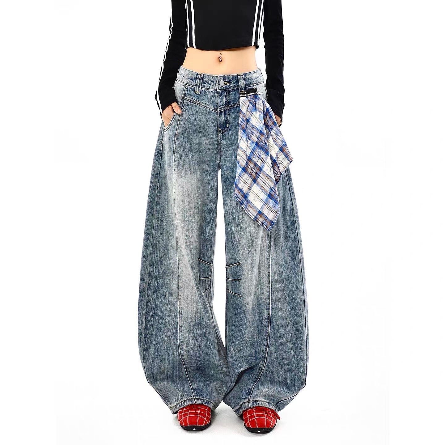 【ライトブルー】ワイドバルーンデニム × 取り外しチェックスカート付き（ユニセックス）