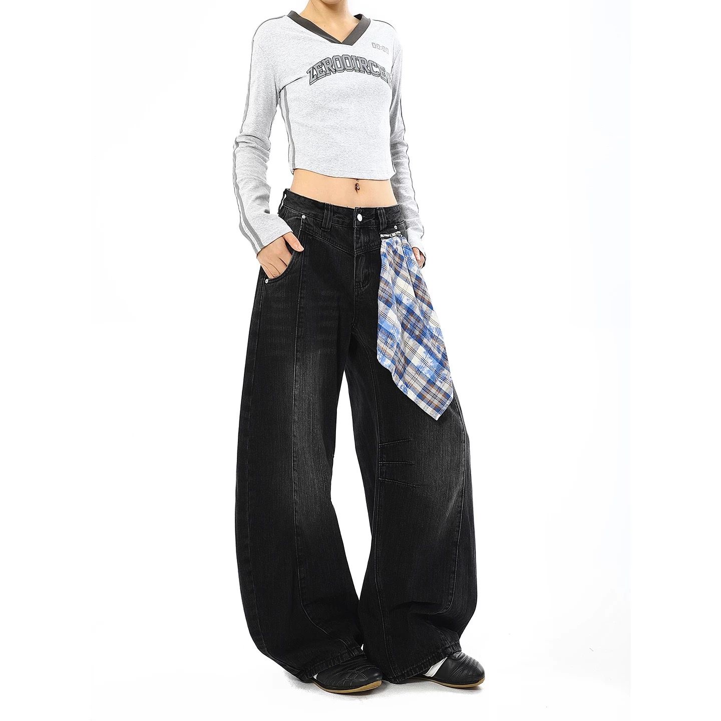 モード系 【ブラック】ワイドバルーンデニム × 取り外しチェックスカート付き（ユニセックス）