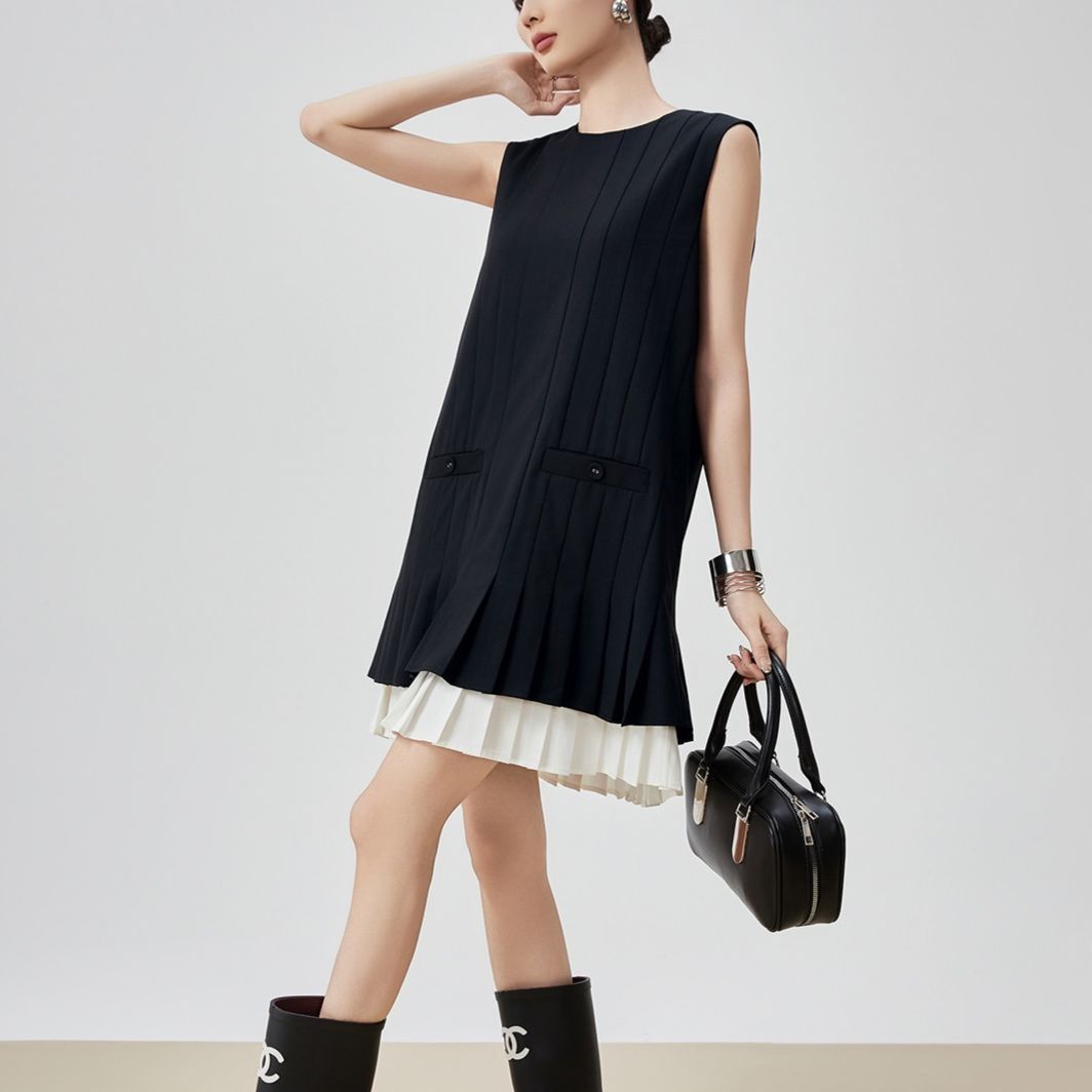 モード系 【S〜L】ノースリーブ袖プリーツ×レイヤード風ワンピース