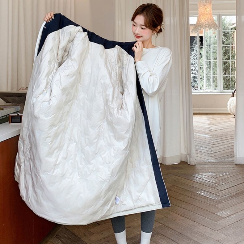 モード系 【数量限定】フード付き配色ロングコート（暖か中綿入り）