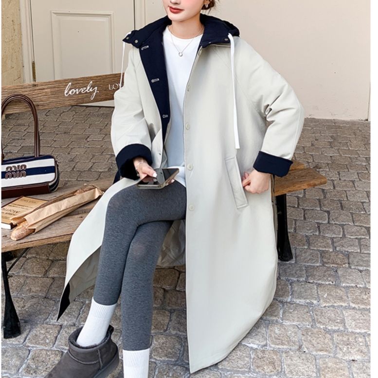 モード系 【数量限定】フード付き配色ロングコート（暖か中綿入り）