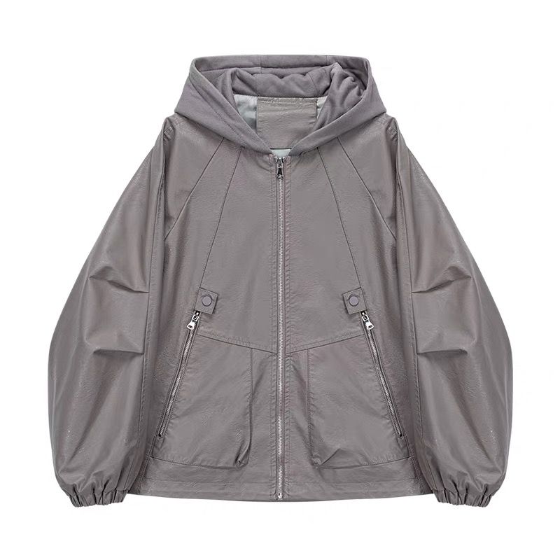 モード系 【M〜XL】フェイクレザー×フーディ切替ショートアウター