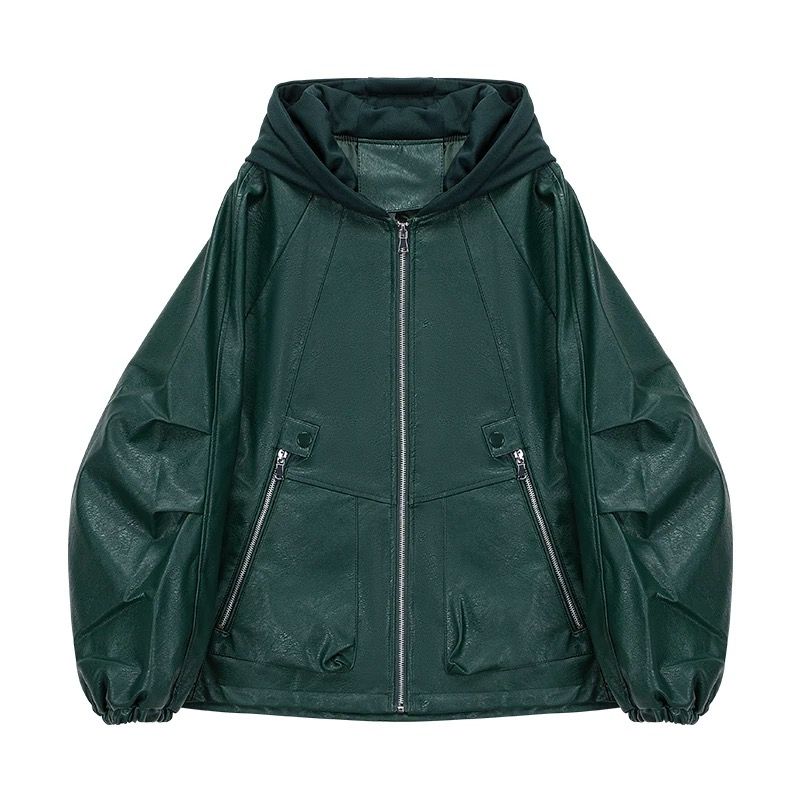 モード系 【M〜XL】フェイクレザー×フーディ切替ショートアウター