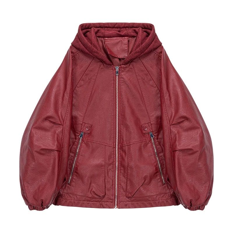 モード系 【M〜XL】フェイクレザー×フーディ切替ショートアウター