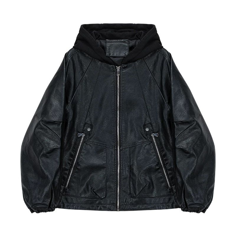 モード系 【M〜XL】フェイクレザー×フーディ切替ショートアウター