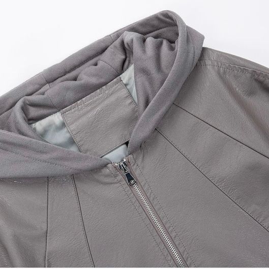 モード系 【M〜XL】フェイクレザー×フーディ切替ショートアウター