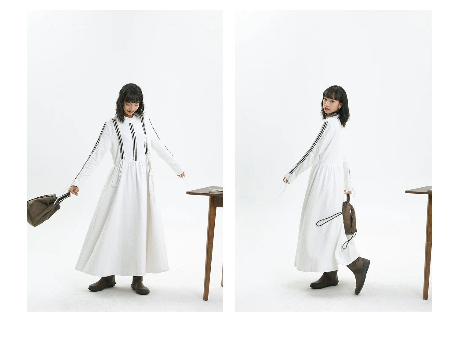 【清涼感×上品シルエット】抽紐ディテール立ち襟ワンピース