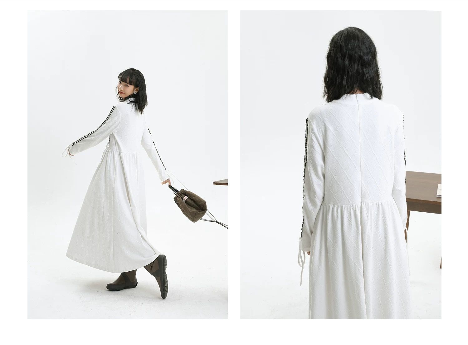 【清涼感×上品シルエット】抽紐ディテール立ち襟ワンピース