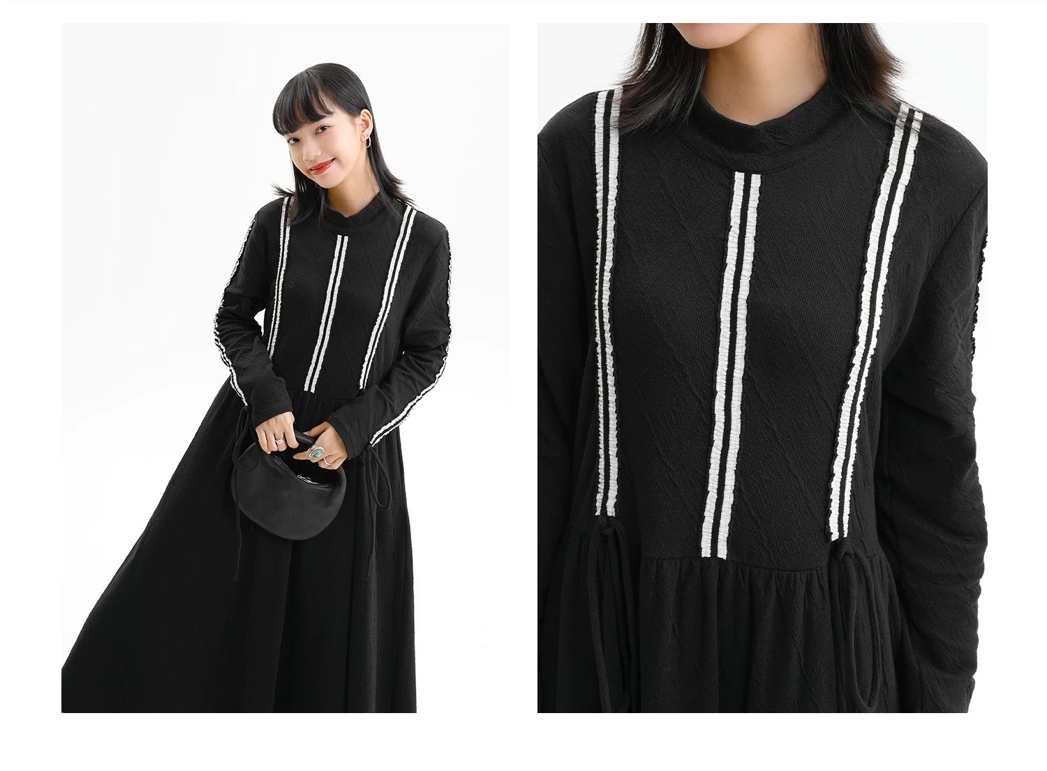 【清涼感×上品シルエット】抽紐ディテール立ち襟ワンピース