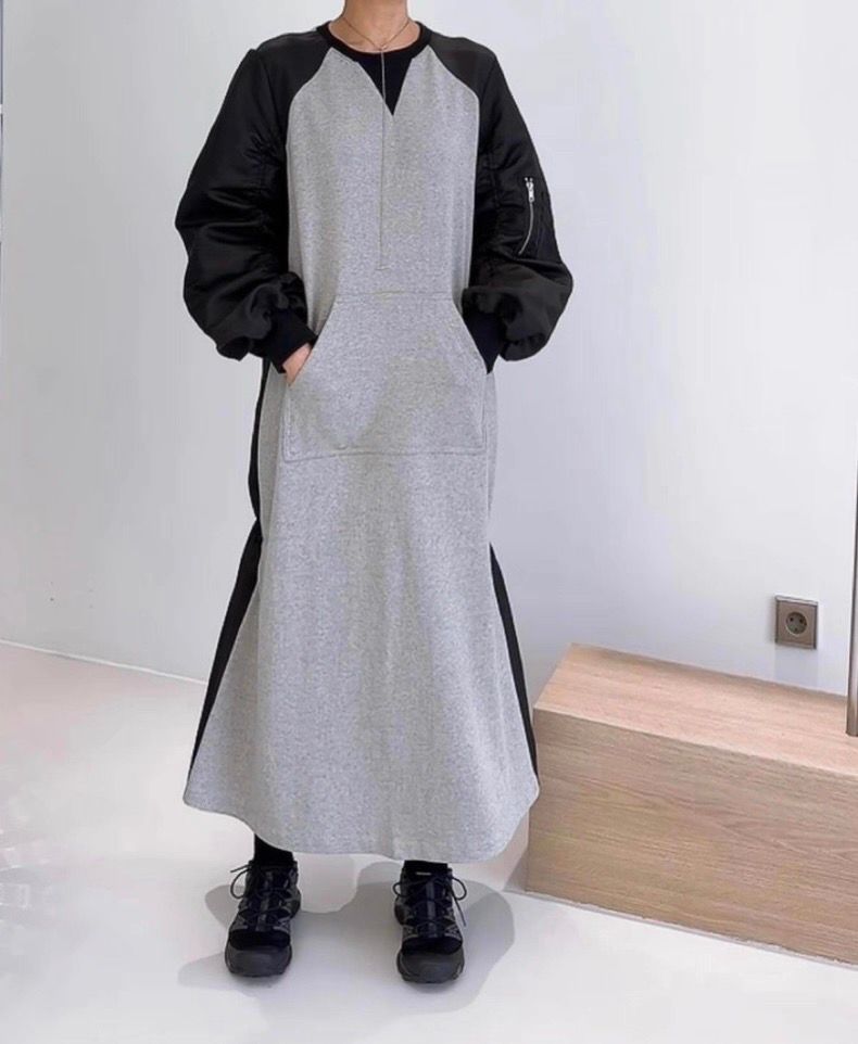 【韓国デザイン】異素材配色スリーブ切替ロングワンピース