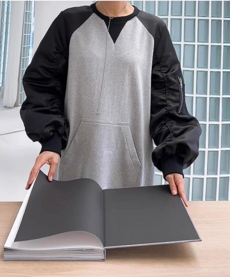 【韓国デザイン】異素材配色スリーブ切替ロングワンピース