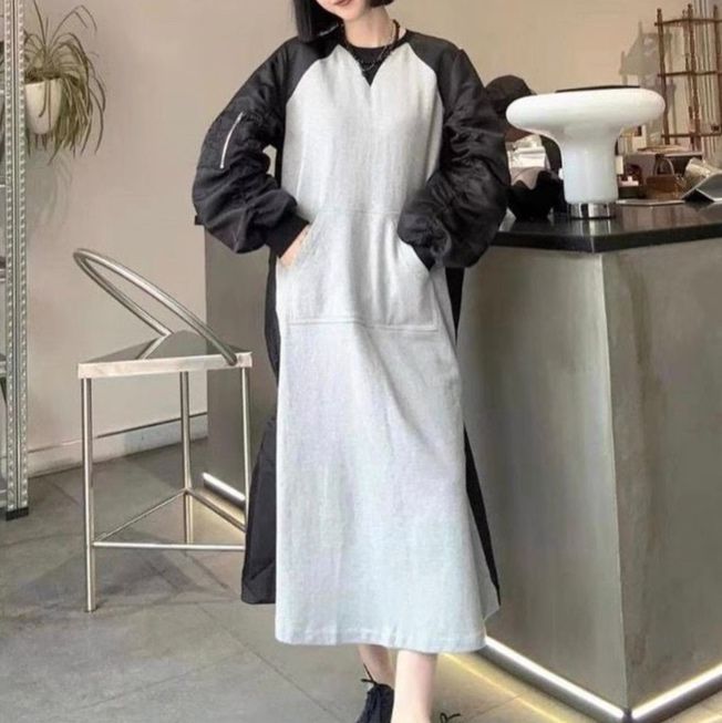 【韓国デザイン】異素材配色スリーブ切替ロングワンピース