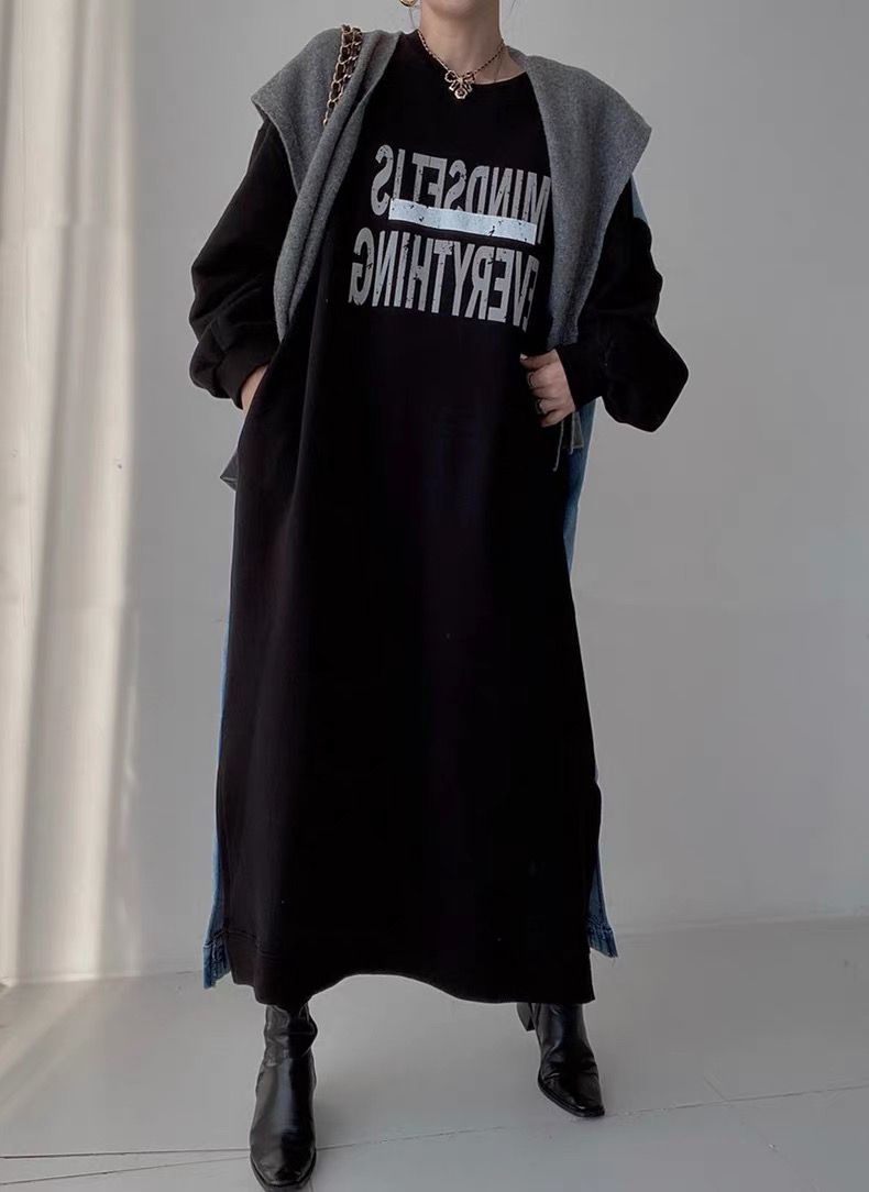 【ゆったりワンサイズ】デニム切替ロングスウェットワンピース