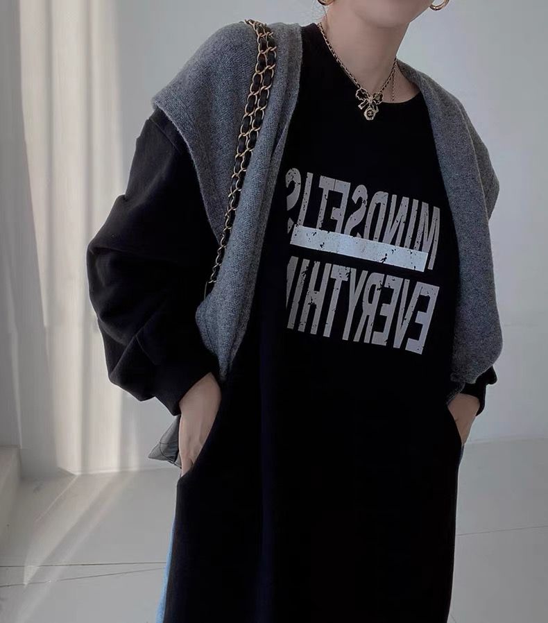 【ゆったりワンサイズ】デニム切替ロングスウェットワンピース