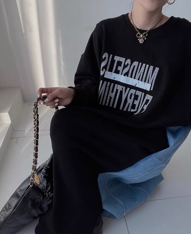 【ゆったりワンサイズ】デニム切替ロングスウェットワンピース