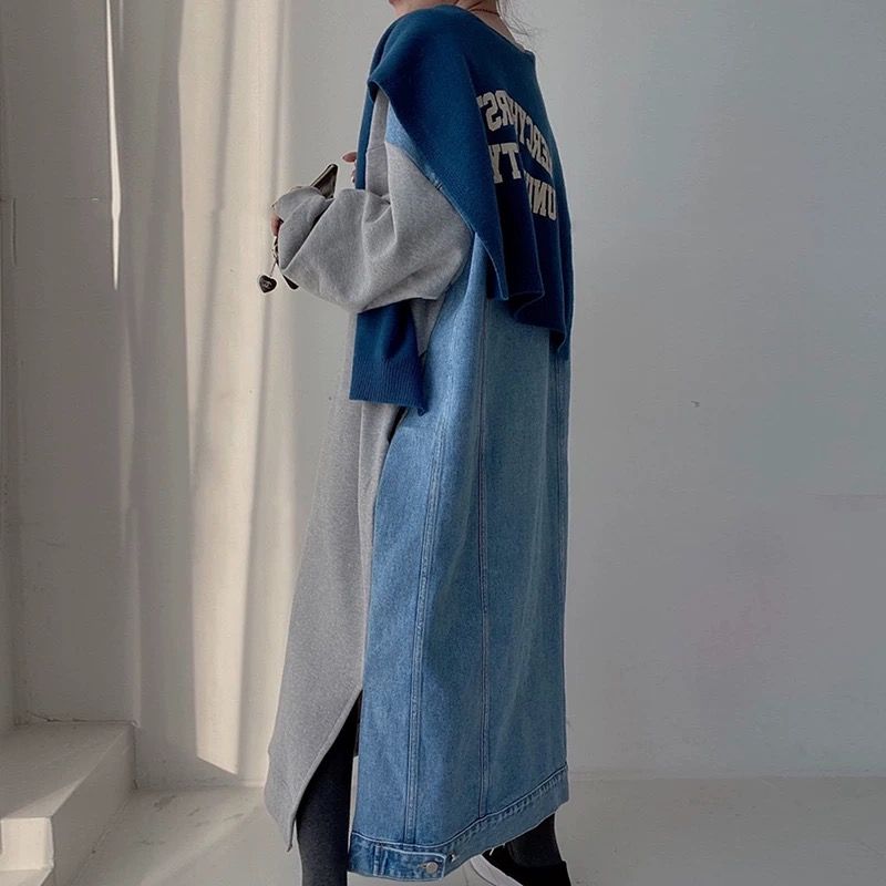 【ゆったりワンサイズ】デニム切替ロングスウェットワンピース