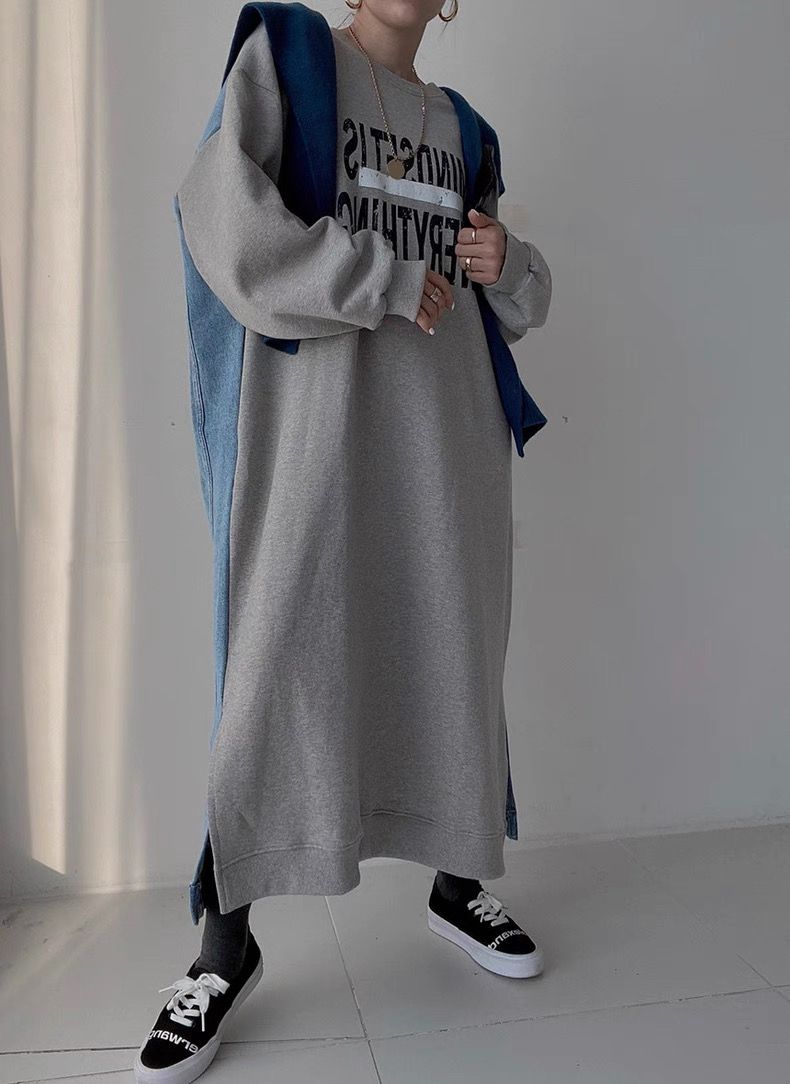 【ゆったりワンサイズ】デニム切替ロングスウェットワンピース