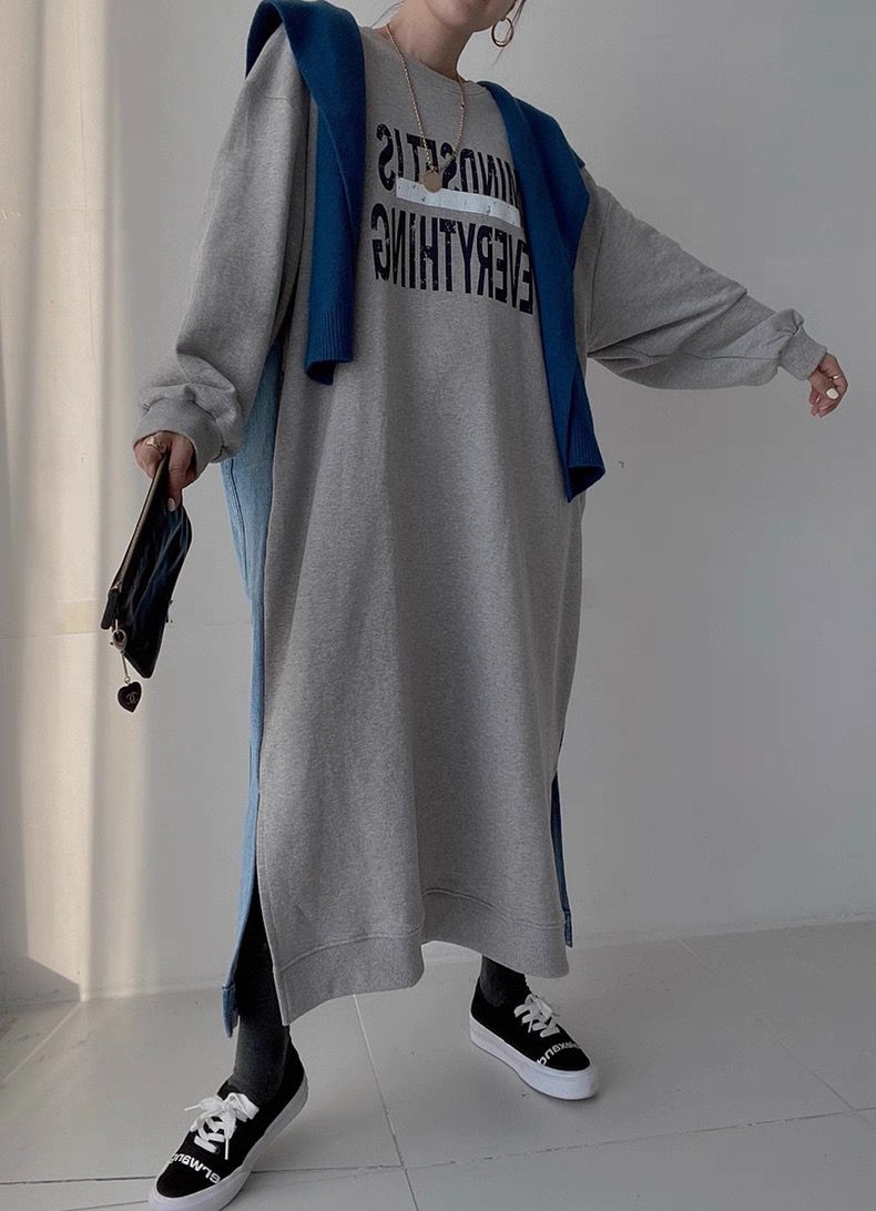 【ゆったりワンサイズ】デニム切替ロングスウェットワンピース