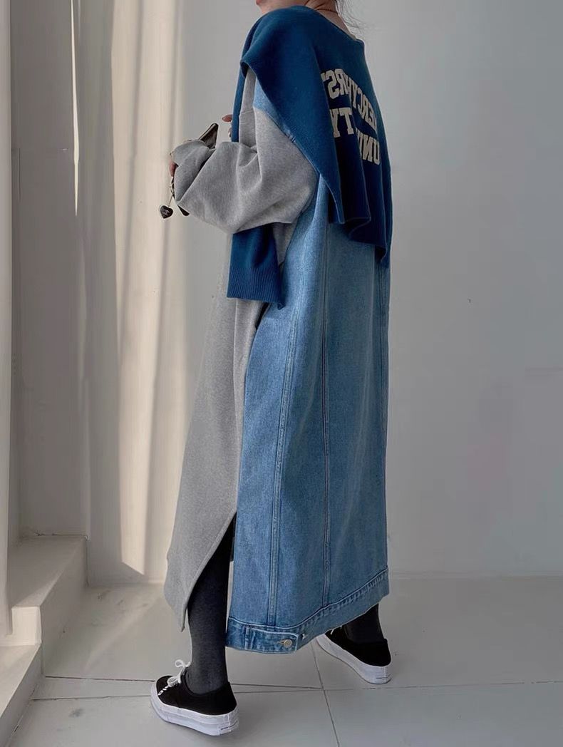 【ゆったりワンサイズ】デニム切替ロングスウェットワンピース