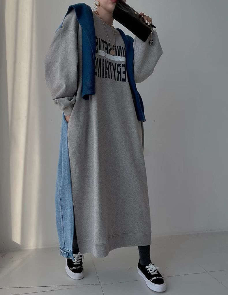 【ゆったりワンサイズ】デニム切替ロングスウェットワンピース