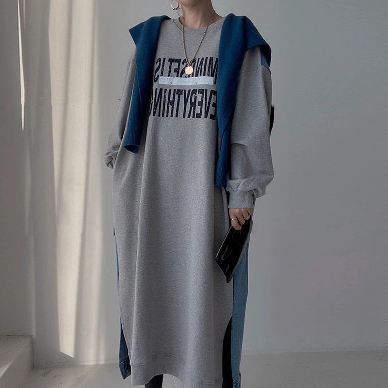 【ゆったりワンサイズ】デニム切替ロングスウェットワンピース