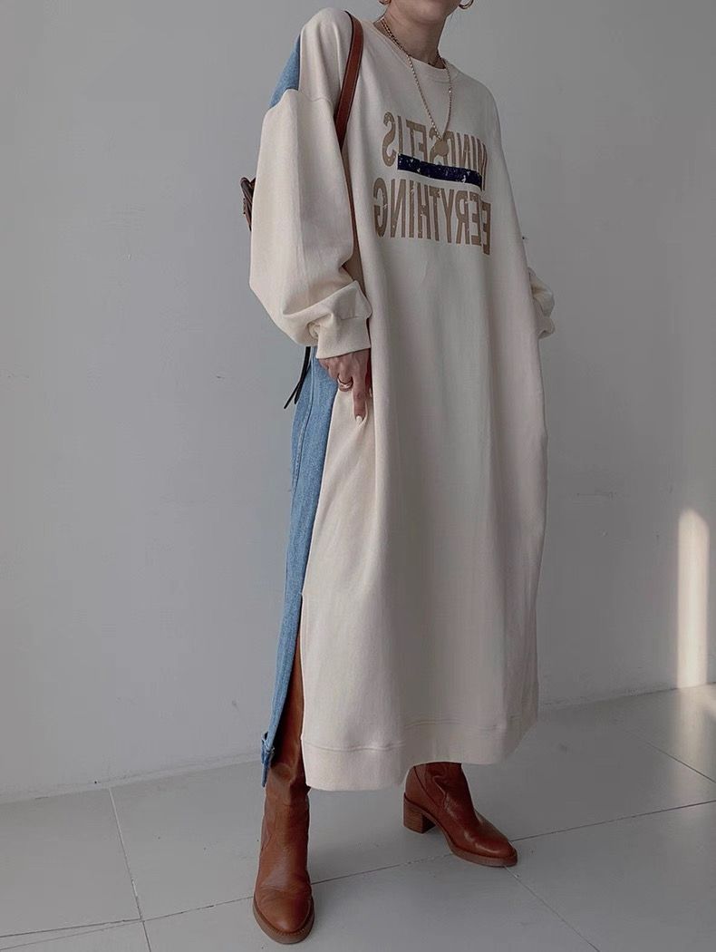 【ゆったりワンサイズ】デニム切替ロングスウェットワンピース