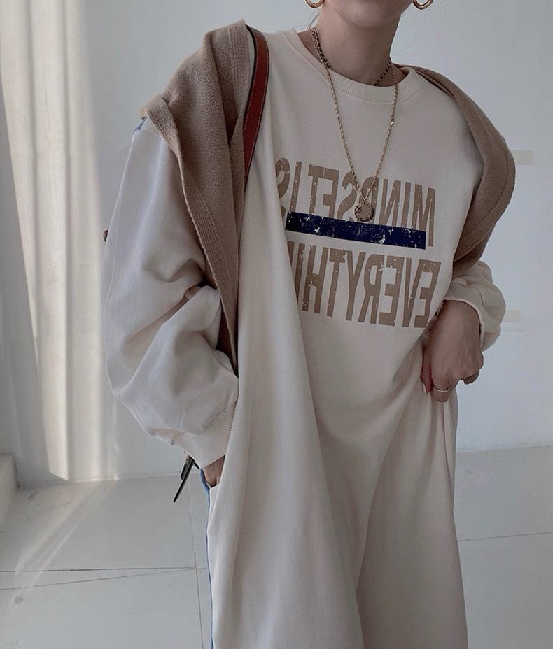 【ゆったりワンサイズ】デニム切替ロングスウェットワンピース