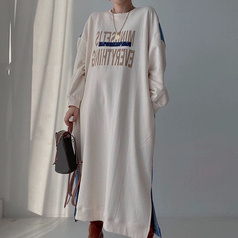 【ゆったりワンサイズ】デニム切替ロングスウェットワンピース