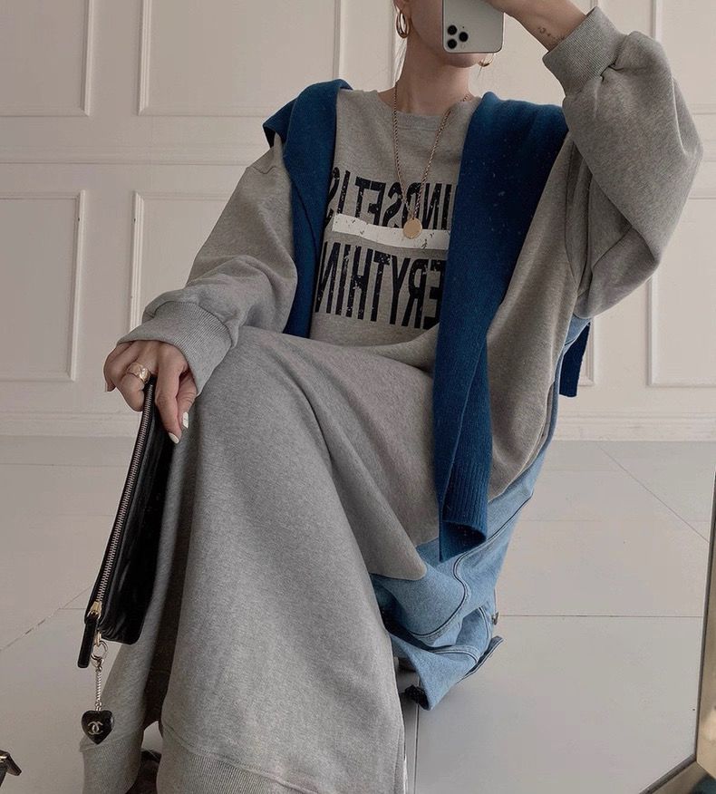 【ゆったりワンサイズ】デニム切替ロングスウェットワンピース