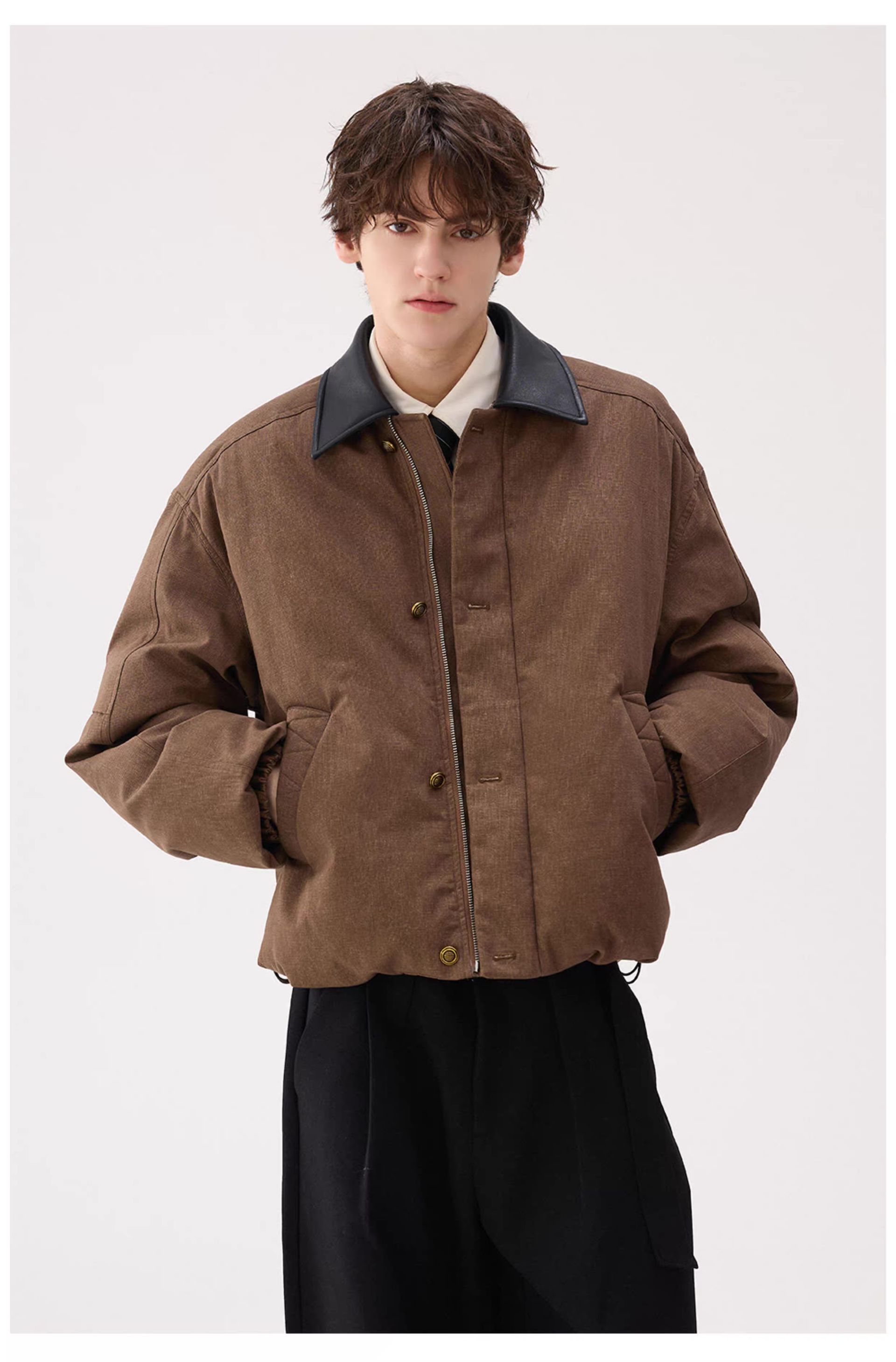 モード系 【ショート丈×レザー調切替】高級感ミックス中綿ジャケット（ブラウン）