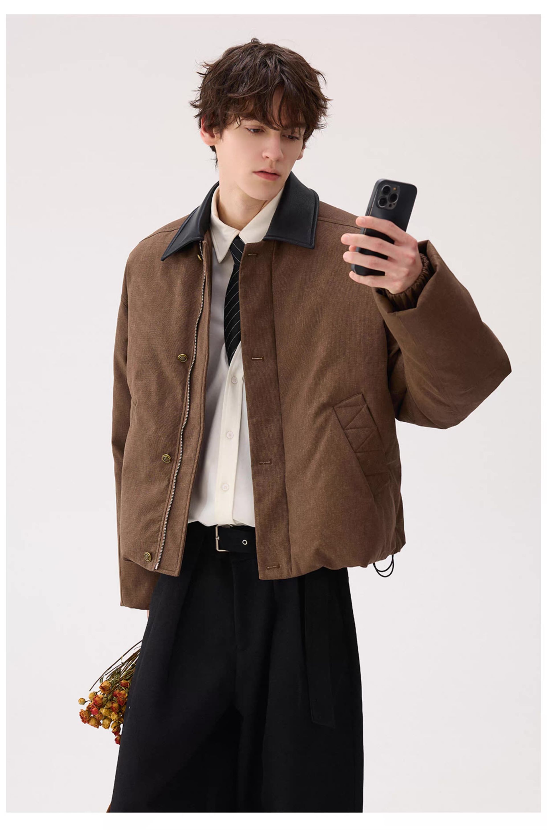 モード系 【ショート丈×レザー調切替】高級感ミックス中綿ジャケット（ブラウン）