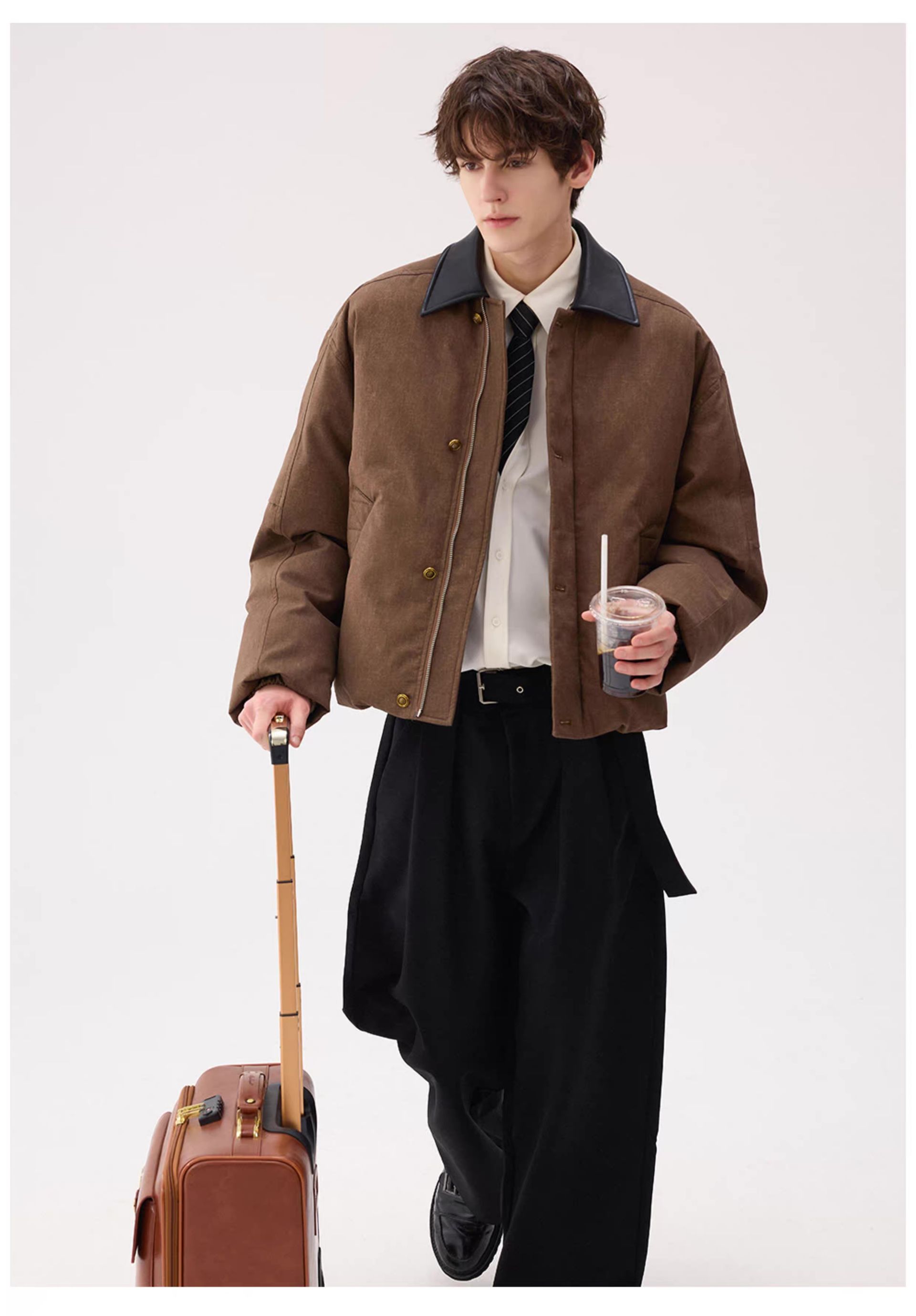 モード系 【ショート丈×レザー調切替】高級感ミックス中綿ジャケット（ブラウン）