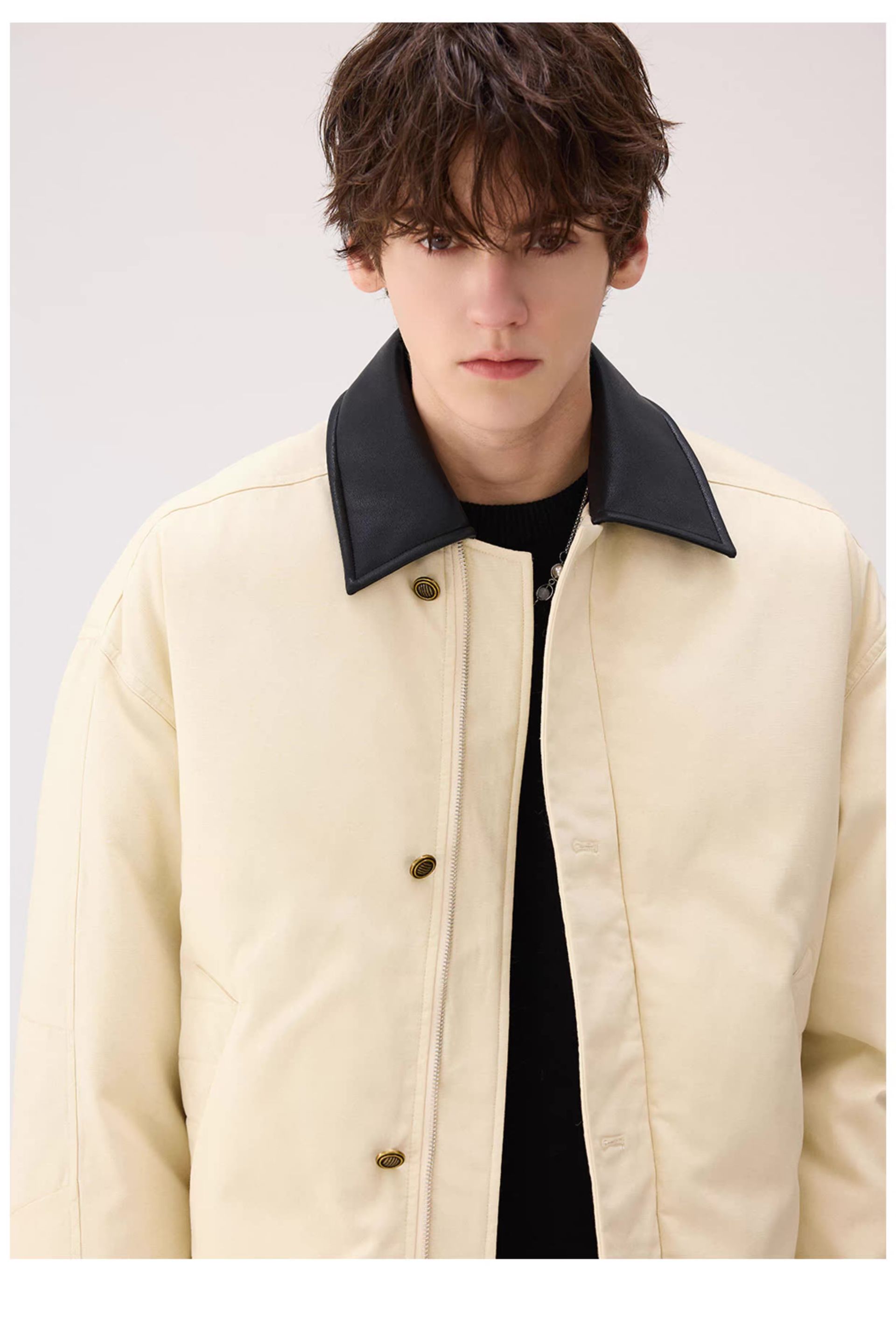 モード系 【ショート丈×レザー調切替】高級感ミックス中綿ジャケット（ブラウン）