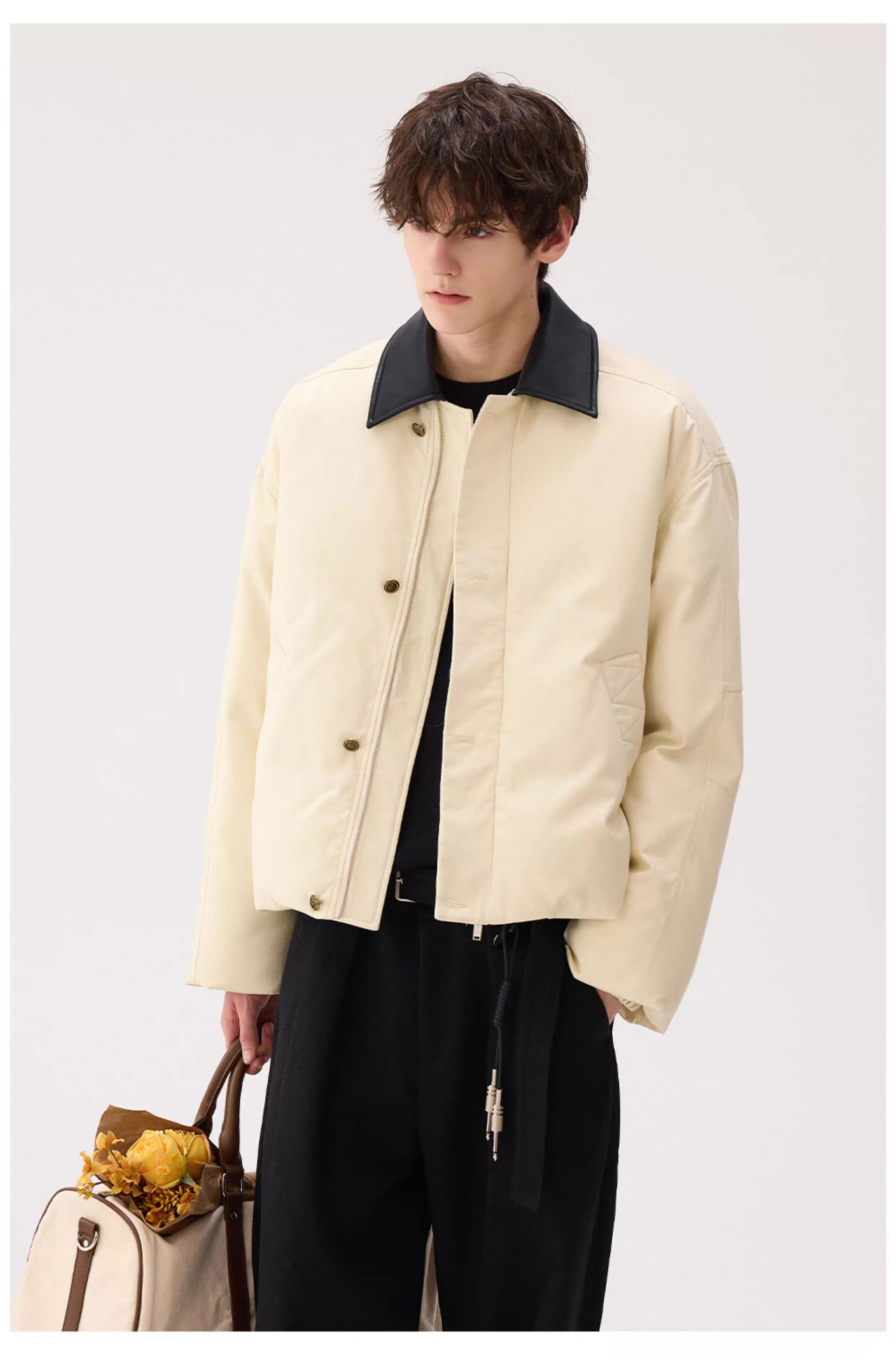 モード系 【ショート丈×レザー調切替】高級感ミックス中綿ジャケット（ブラウン）