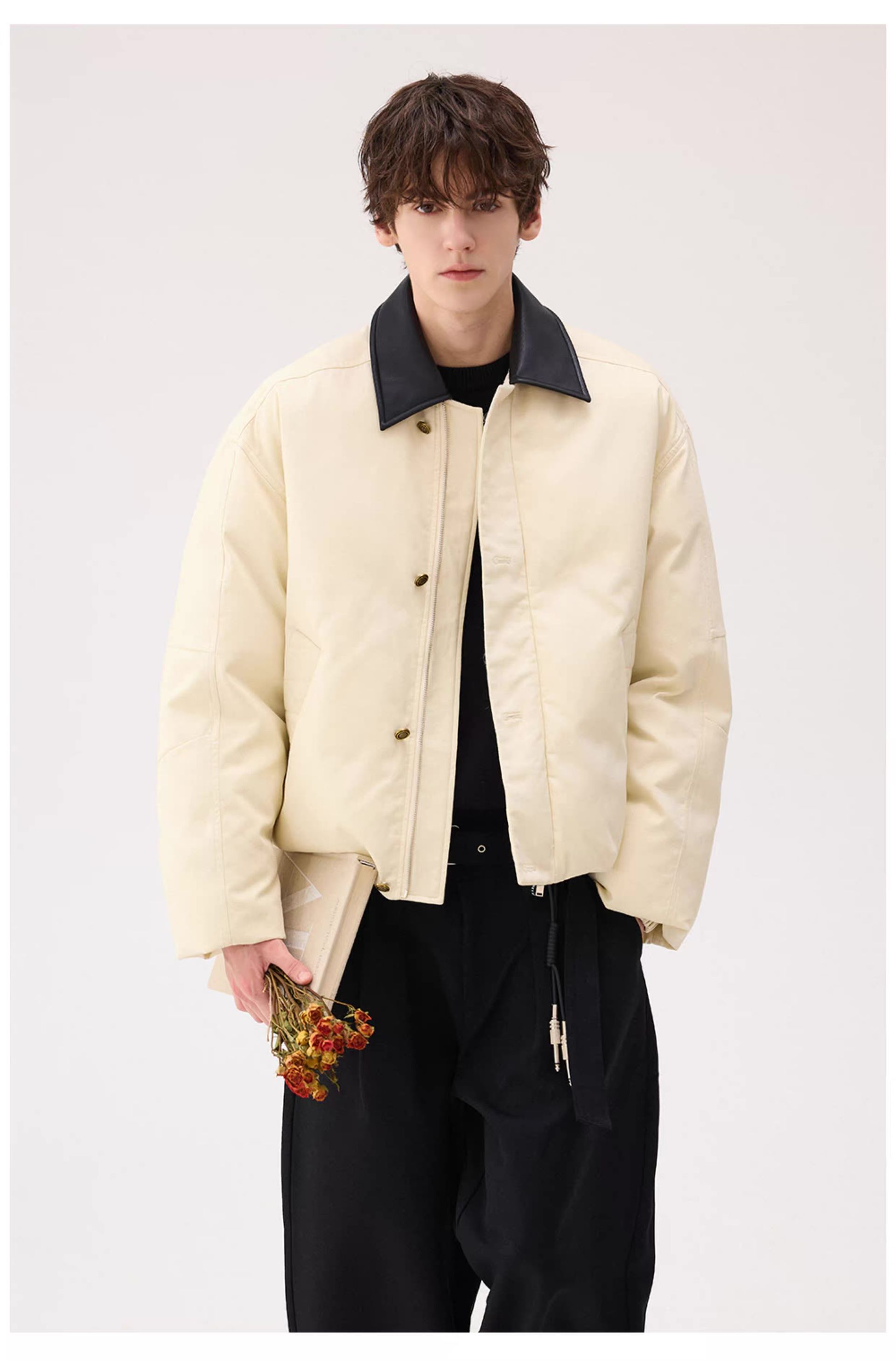 モード系 【ショート丈×レザー調切替】高級感ミックス中綿ジャケット（ブラウン）