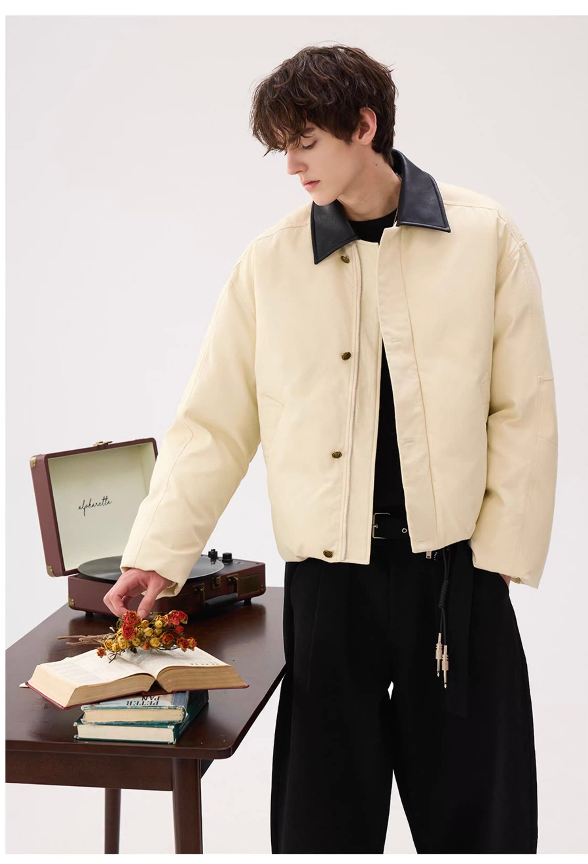 モード系 【ショート丈×レザー調切替】高級感ミックス中綿ジャケット（ブラウン）