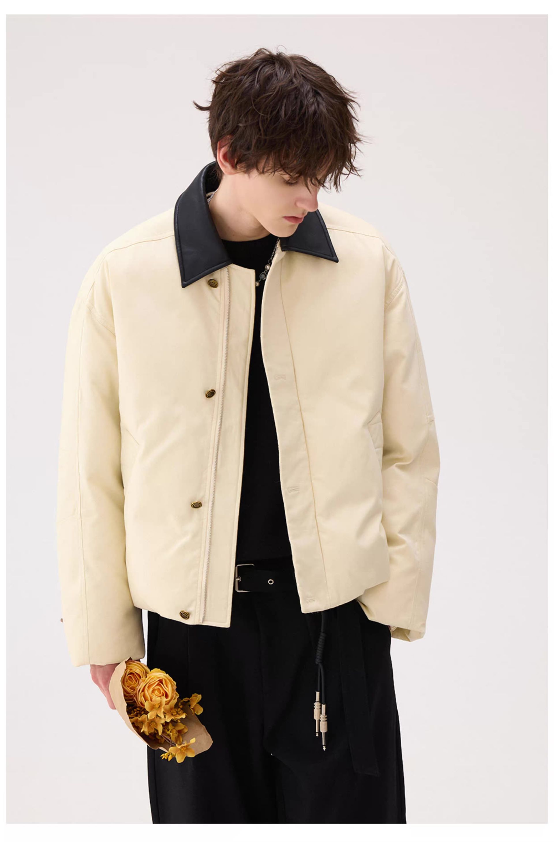 モード系 【ショート丈×レザー調切替】高級感ミックス中綿ジャケット（ブラウン）