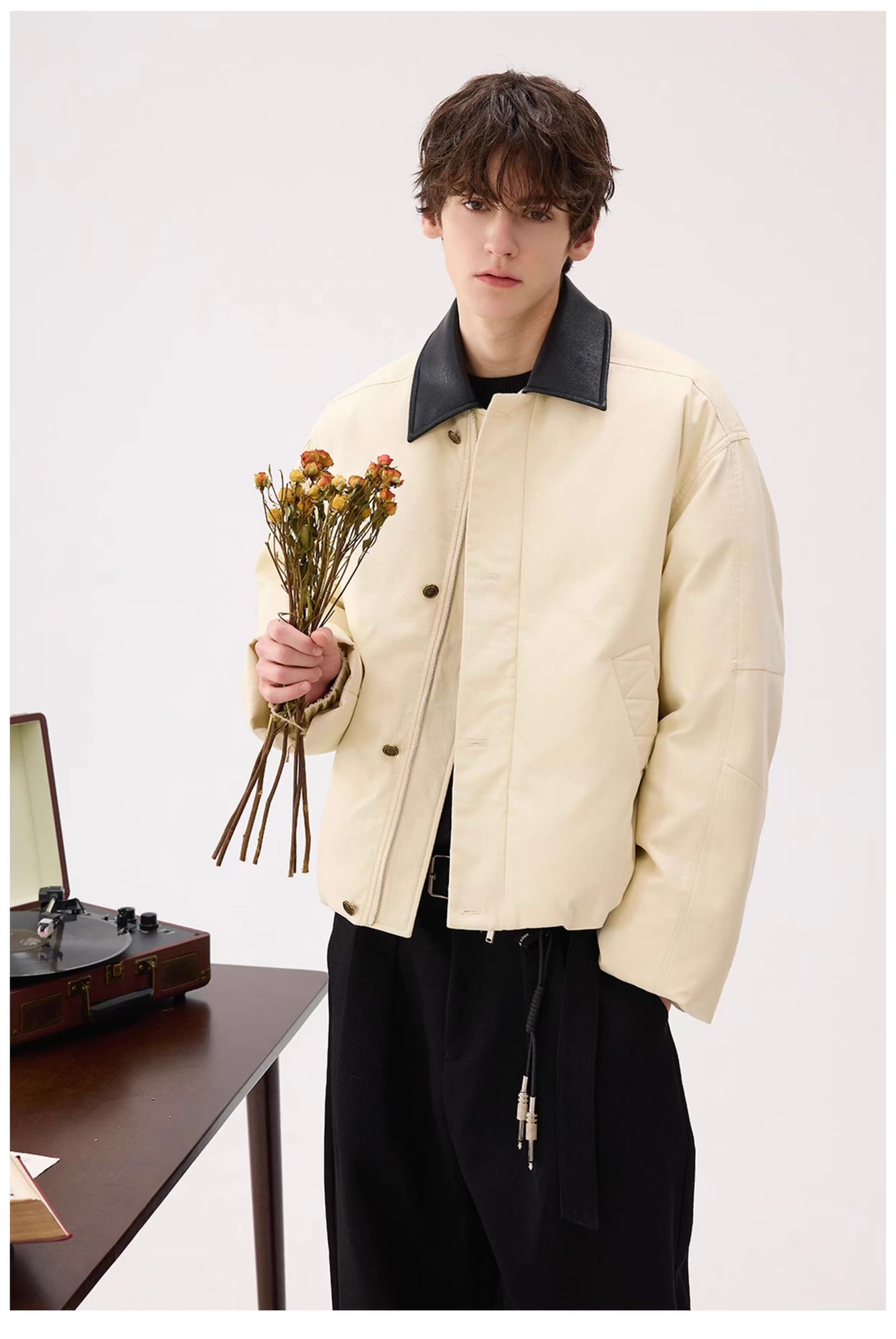 モード系 【ショート丈×レザー調切替】高級感ミックス中綿ジャケット（ブラウン）