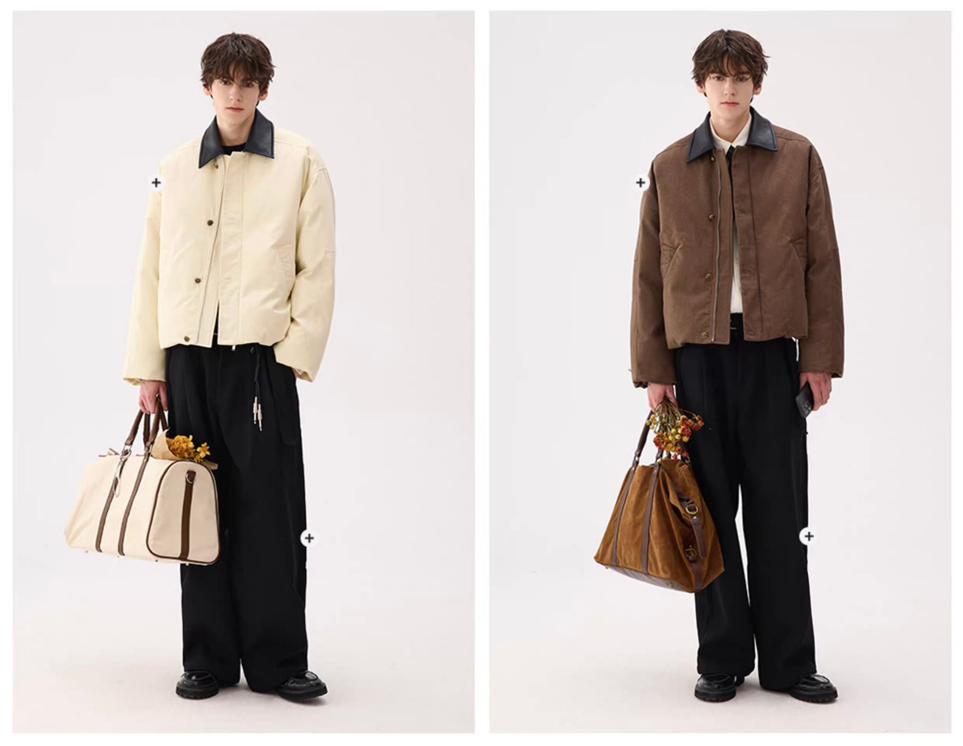 モード系 【ショート丈×レザー調切替】高級感ミックス中綿ジャケット（ブラウン）