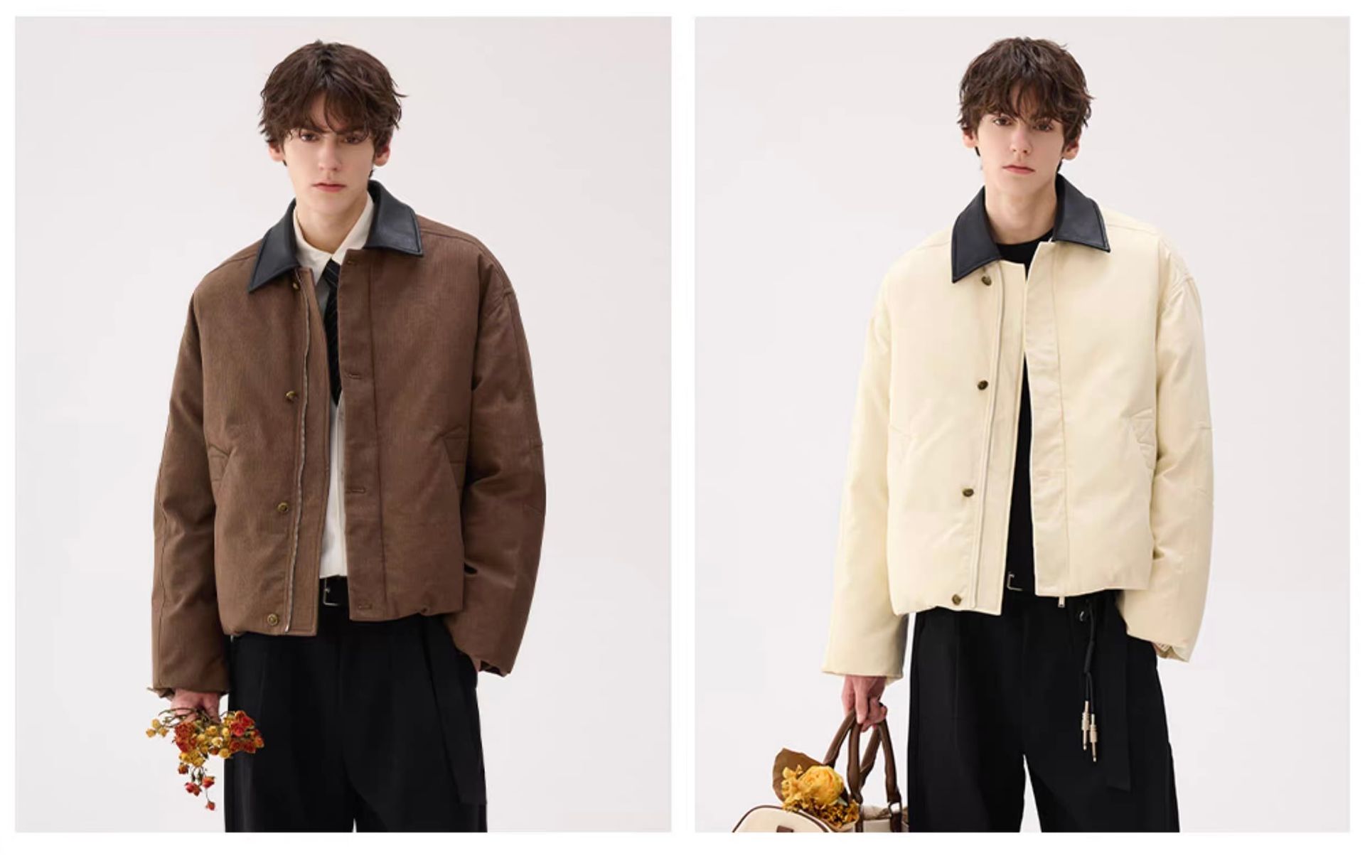 モード系 【ショート丈×レザー調切替】高級感ミックス中綿ジャケット（ブラウン）